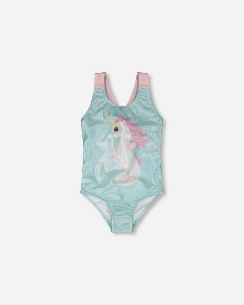 Girls' one-piece swimsuit in aqua with seahorse motif