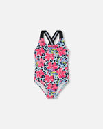 One-Piece Swimsuit Blue Floral And Leopard Print - H30OG91_3H155