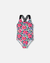 One-Piece Swimsuit Blue Floral And Leopard Print - H30OG91_3H155