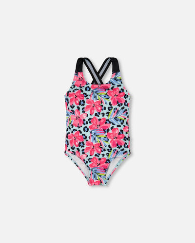 One-Piece Swimsuit Blue Floral And Leopard Print - H30OG91_3H155
