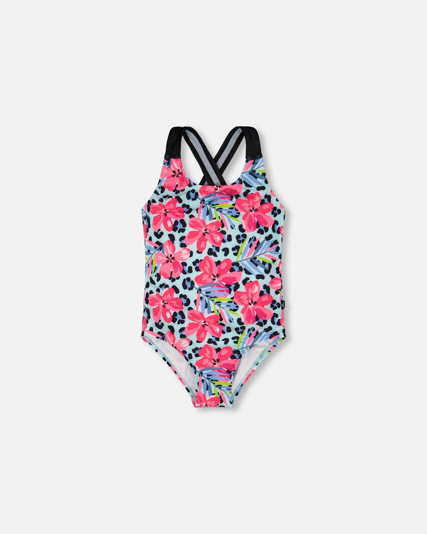 One-Piece Swimsuit Blue Floral And Leopard Print - H30OG91_3H155
