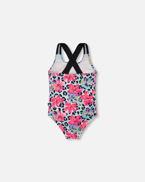 One-Piece Swimsuit Blue Floral And Leopard Print - H30OG91_3H155