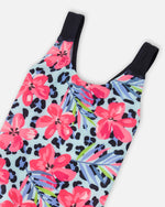 One-Piece Swimsuit Blue Floral And Leopard Print - H30OG91_3H155