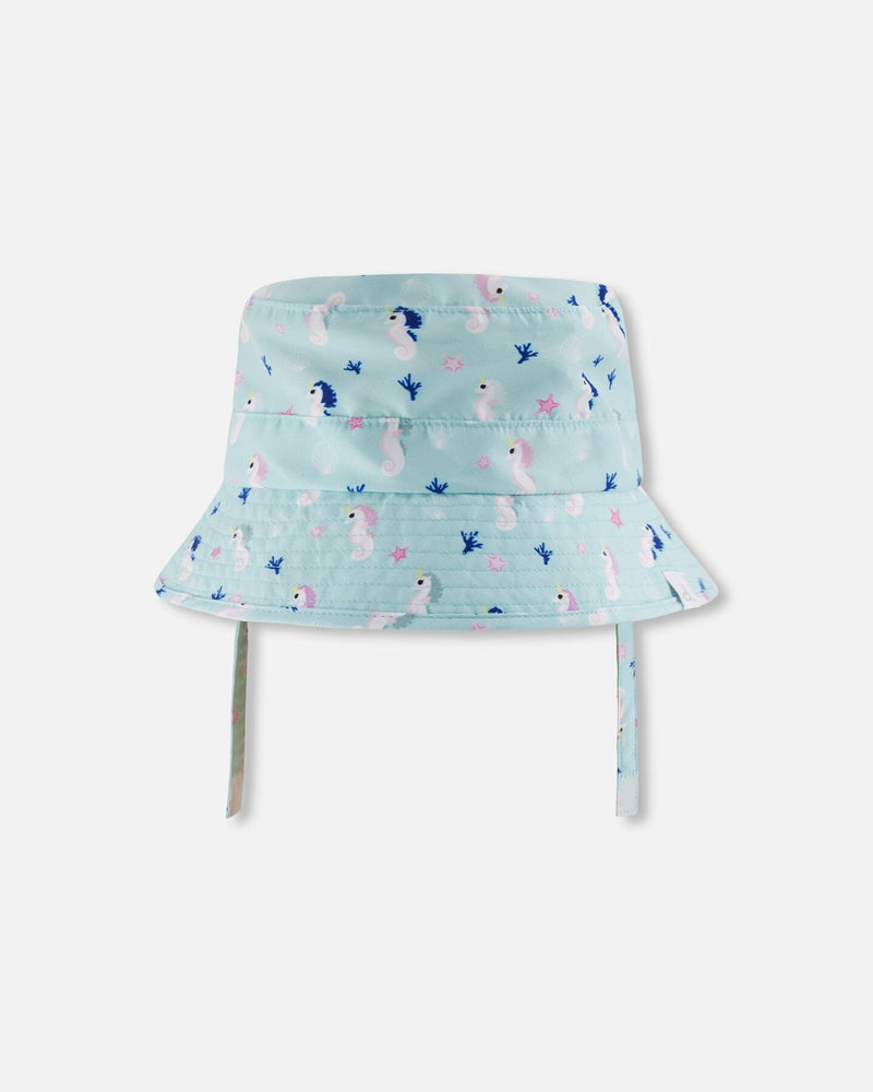 Kids' wide-brim beach hat, blue seahorse print