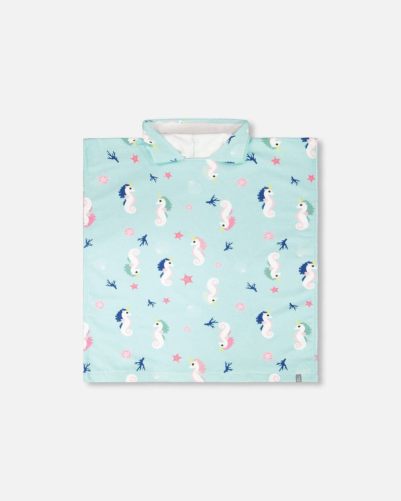 Serviette de plage à capuchon pour enfant, imprimé hippocampe bleu