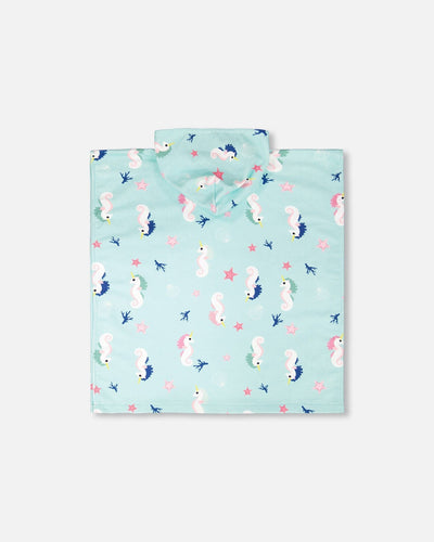 Hooded Beach Towel Blue Seahorse Print - H30OP_3H150