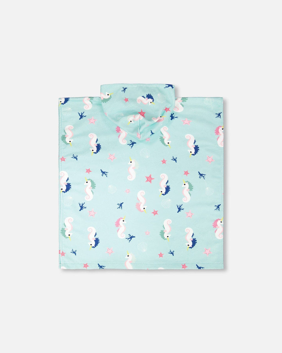 Hooded Beach Towel Blue Seahorse Print - H30OP_3H150