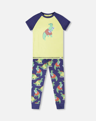 Organic Cotton Two-Piece Pyjama Set Blue Dino Print - H30PB11US_3H087