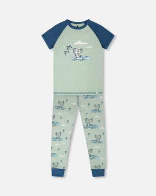 Organic Cotton Two-Piece Pyjama Set Green Crocodile Print - H30PB11_3H089