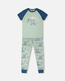 Organic Cotton Two-Piece Pyjama Set Green Crocodile Print - H30PB11_3H089