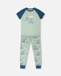 Organic Cotton Two-Piece Pyjama Set Green Crocodile Print - H30PB11_3H089