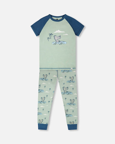 Organic Cotton Two-Piece Pyjama Set Green Crocodile Print - H30PB11_3H089