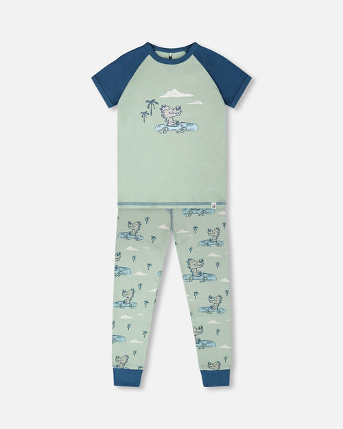 Organic Cotton Two-Piece Pyjama Set Green Crocodile Print - H30PB11_3H089
