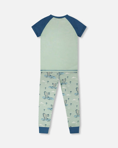 Organic Cotton Two-Piece Pyjama Set Green Crocodile Print - H30PB11_3H089