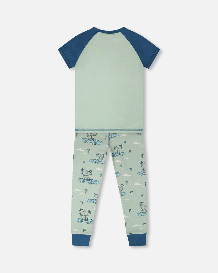 Organic Cotton Two-Piece Pyjama Set Green Crocodile Print - H30PB11_3H089