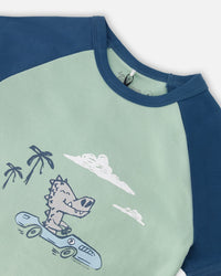 Organic Cotton Two-Piece Pyjama Set Green Crocodile Print - H30PB11_3H089