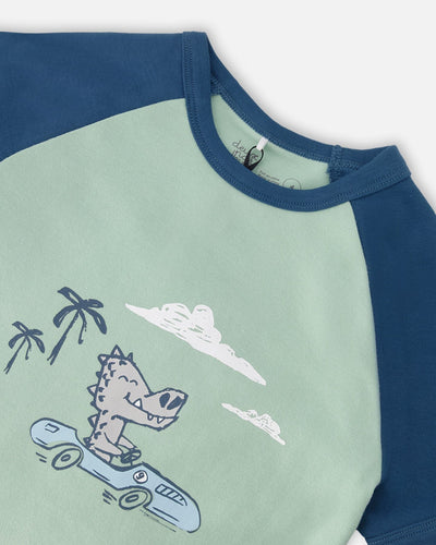 Organic Cotton Two-Piece Pyjama Set Green Crocodile Print - H30PB11_3H089