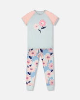 Organic Cotton Two-Piece Pyjama Set Blue Smiling Flower Print