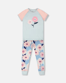 Organic Cotton Two-Piece Pyjama Set Blue Smiling Flower Print - H30PG12US_3H095
