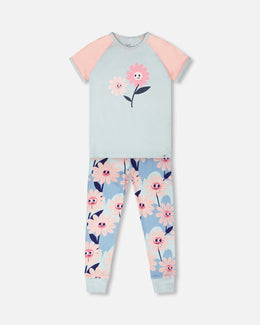 Organic Cotton Two-Piece Pyjama Set Blue Smiling Flower Print - H30PG12US_3H095
