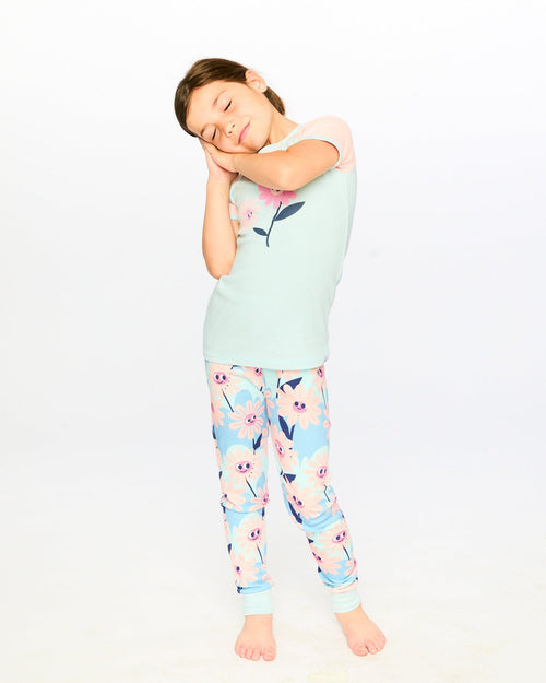 Organic Cotton Two-Piece Pyjama Set Blue Smiling Flower Print - H30PG12US_3H095