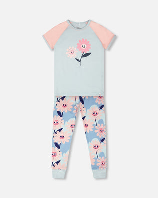 Organic Cotton Two-Piece Pyjama Set Blue Smiling Flower Print - H30PG12_3H095