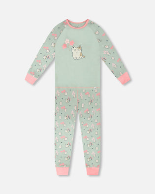 Organic Cotton Two-Piece Pyjama Set Green Kitten Print - H30PG13US_3H093