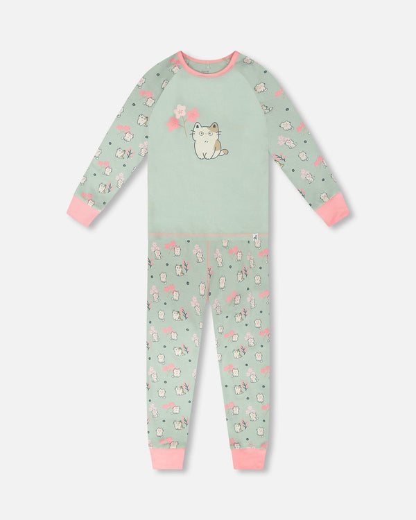 Organic Cotton Two-Piece Pyjama Set Green Kitten Print - H30PG13US_3H093
