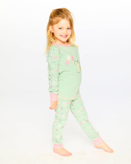 Organic Cotton Two-Piece Pyjama Set Green Kitten Print - H30PG13US_3H093