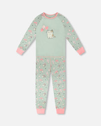Organic Cotton Two-Piece Pyjama Set Green Kitten Print - H30PG13_3H093