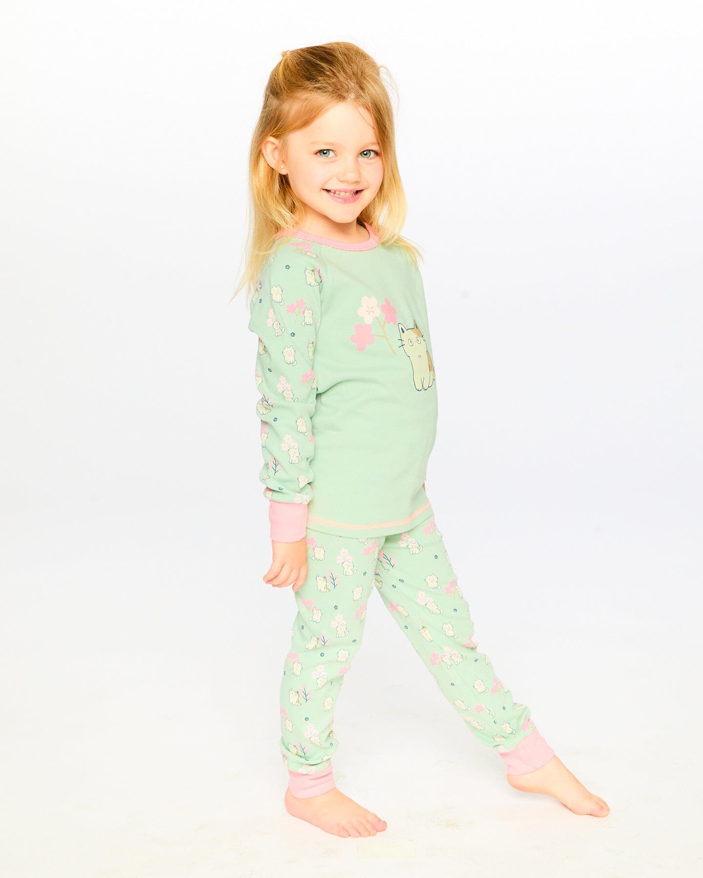 Organic Cotton Two-Piece Pyjama Set Green Kitten Print - H30PG13_3H093