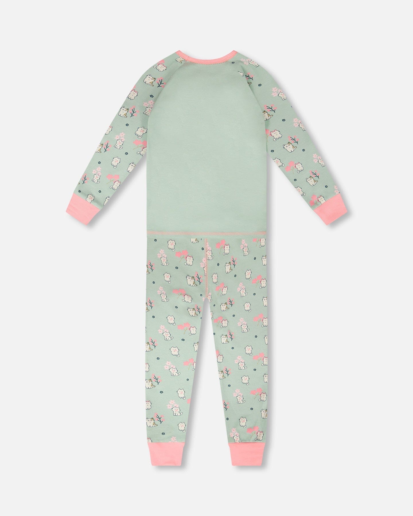 Organic Cotton Two-Piece Pyjama Set Green Kitten Print - H30PG13_3H093