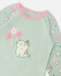 Organic Cotton Two-Piece Pyjama Set Green Kitten Print - H30PG13_3H093