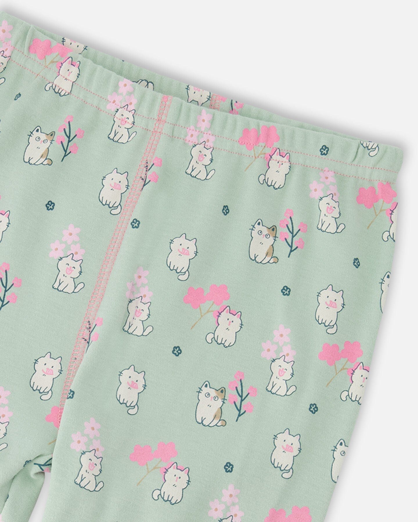 Organic Cotton Two-Piece Pyjama Set Green Kitten Print - H30PG13_3H093