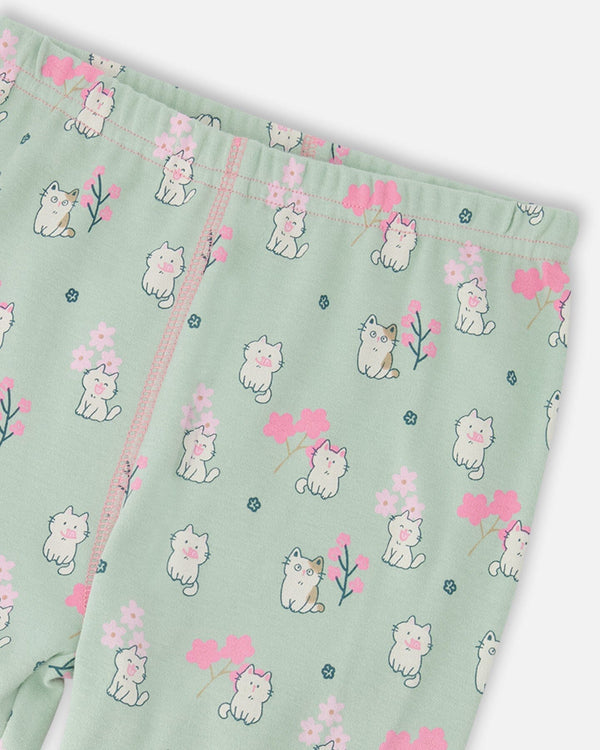Organic Cotton Two-Piece Pyjama Set Green Kitten Print - H30PG13_3H093
