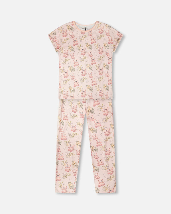 Organic Cotton Women Two-Piece Pyjama Set Pale Pink Bear Print - H30PG14_3H094