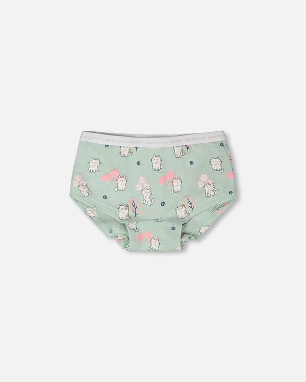 Organic Cotton Boyshort Panty Green Kitten Print - H30PG60_3H093