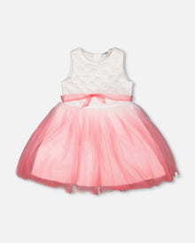 Bi-Material Pleated Mesh Dress White And Pink - H30Q93_01000