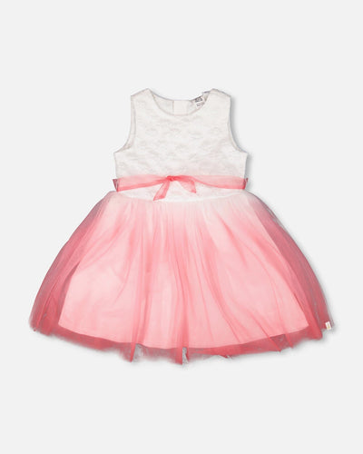Bi-Material Pleated Mesh Dress White And Pink - H30Q93_01000