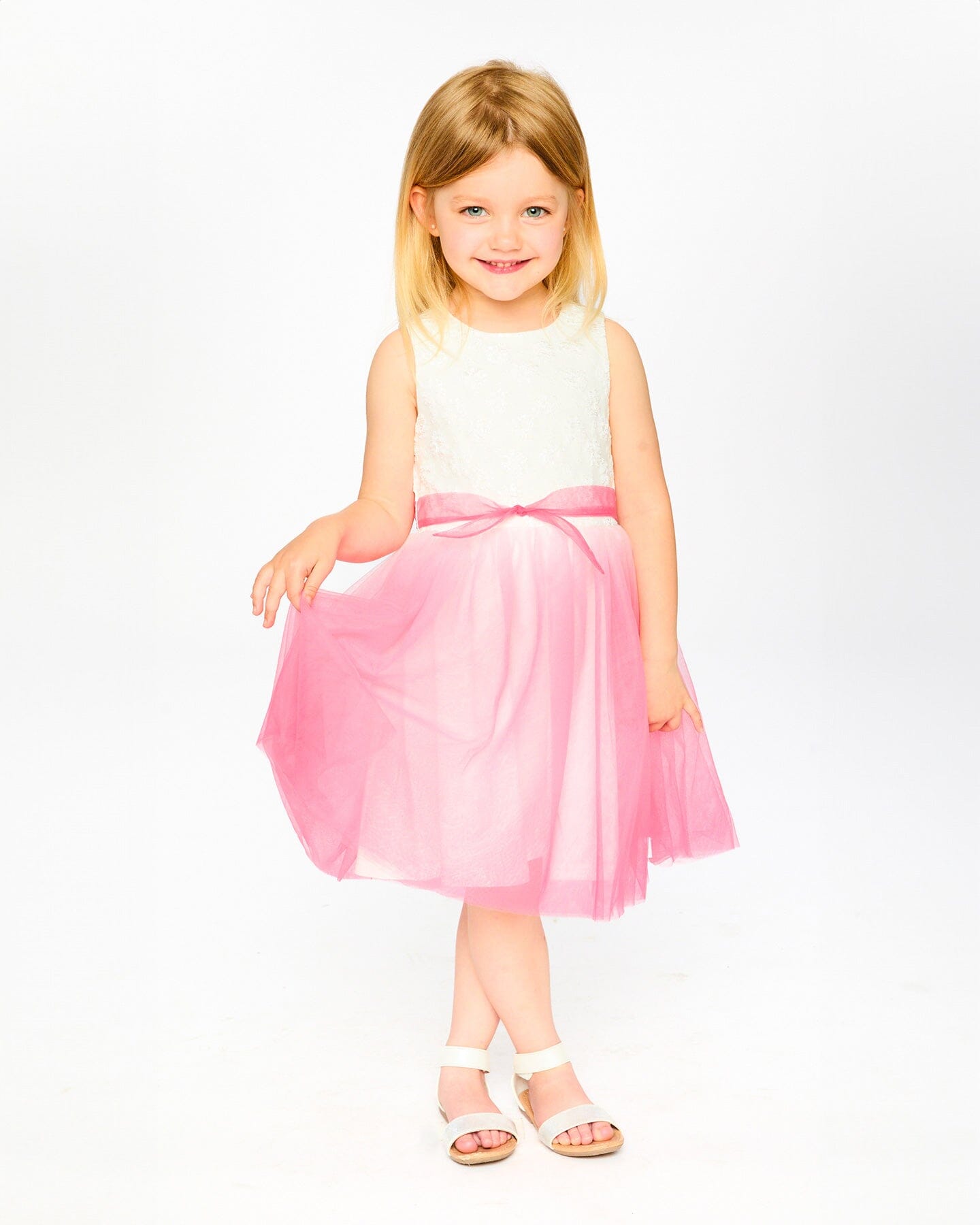 Bi-Material Pleated Mesh Dress White And Pink - H30Q93_01000