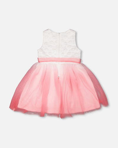 Bi-Material Pleated Mesh Dress White And Pink - H30Q93_01000