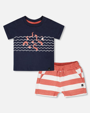 Organic Cotton T-Shirt And Short Set Blue And Brick Stripes - H30T10_04840