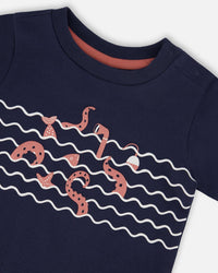 Organic Cotton T-Shirt And Short Set Blue And Brick Stripes - H30T10_04840