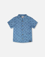 Short Sleeve Chambray Shirt Blue Palm Print - H30T15_3H103