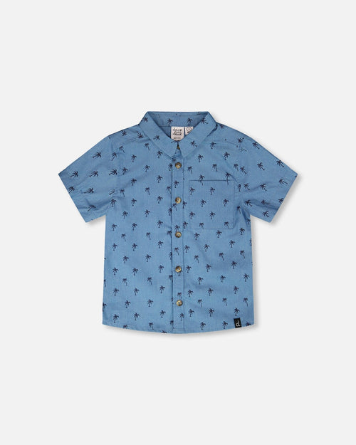 Short Sleeve Chambray Shirt Blue Palm Print - H30T15_3H103