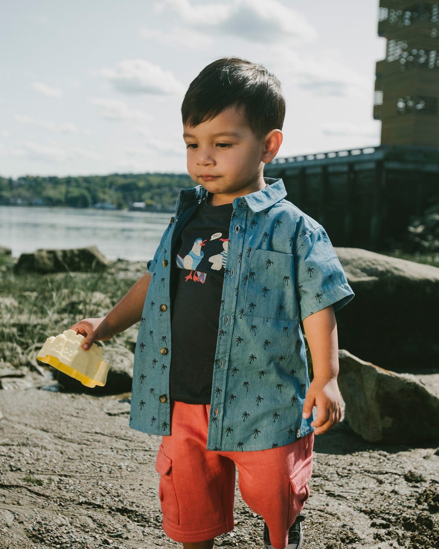 Short Sleeve Chambray Shirt Blue Palm Print - H30T15_3H103