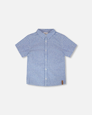Printed Chambray Short-Sleeve Shirt Blue Denim Stripes - H30U15_3H113