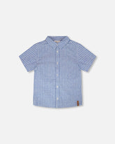 Chemise manches courtes en chambray imprimé bleu denim rayé
