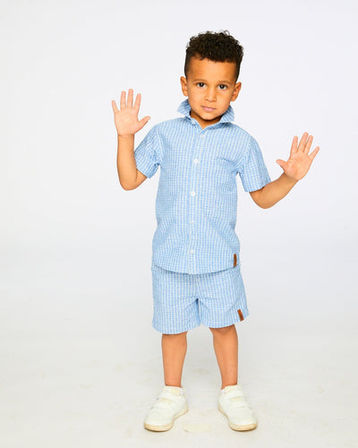 Printed Chambray Short-Sleeve Shirt Blue Denim Stripes - H30U15_3H113
