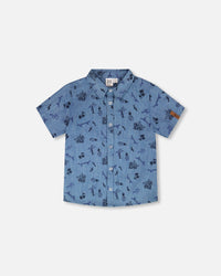 Chambray Short-Sleeve Shirt Blue Printed Skateboards - H30U15_3H114